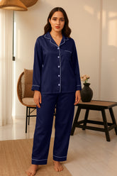 Florea Silk Pajama Set With Scrunchie - Navy Blue